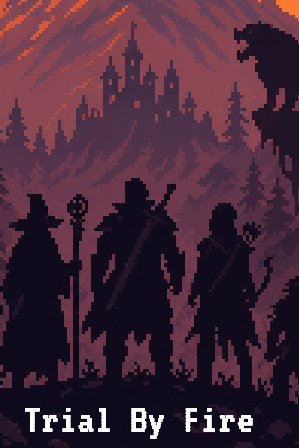 Trial by Fire pixel art showing adventurers before a mountain at sunset