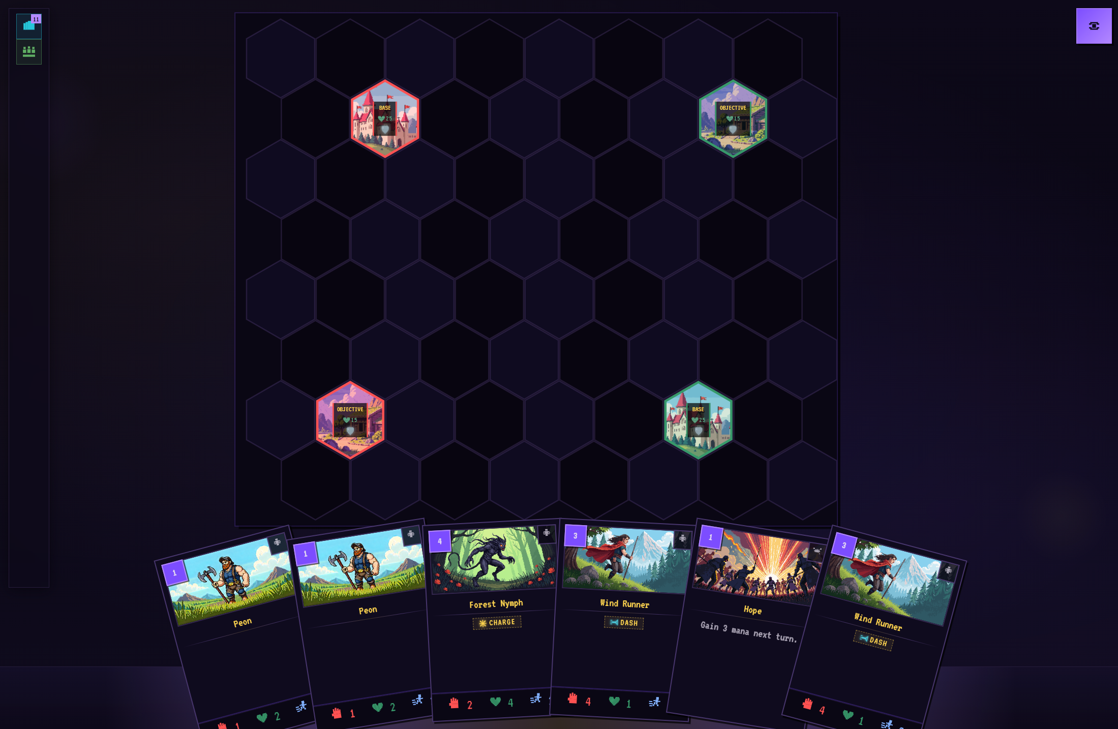 An opening Trial by Fire board with two bases, two objectives, and a hand of cards