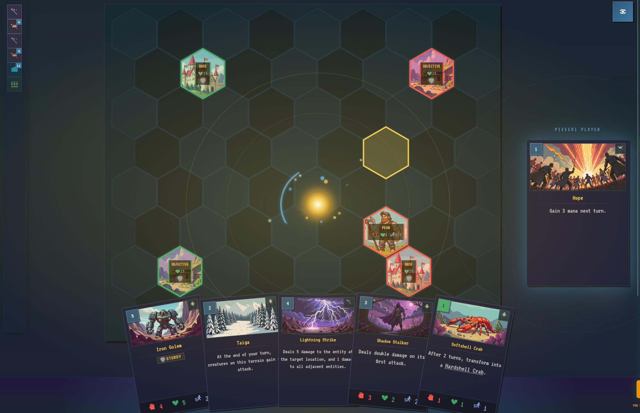 A card effect resolving on the Trial by Fire hex board