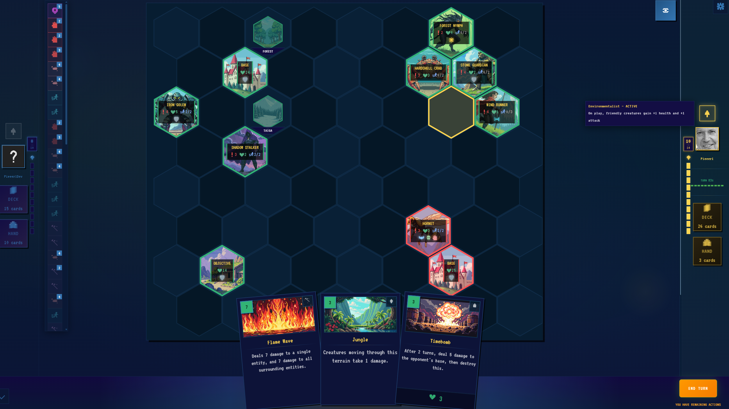 A developed Trial by Fire match on a hex battlefield